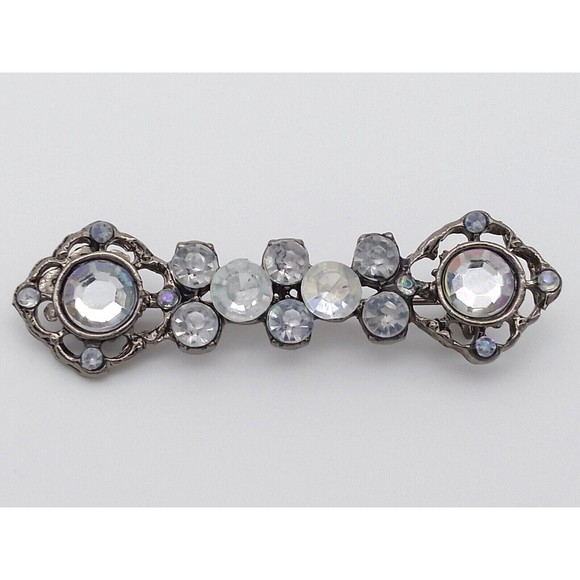 Aurora Borealis Clear Rhinestone Bar Brooch Pin Ornate Gunmetal Tone Vintage - Picture 5 of 12